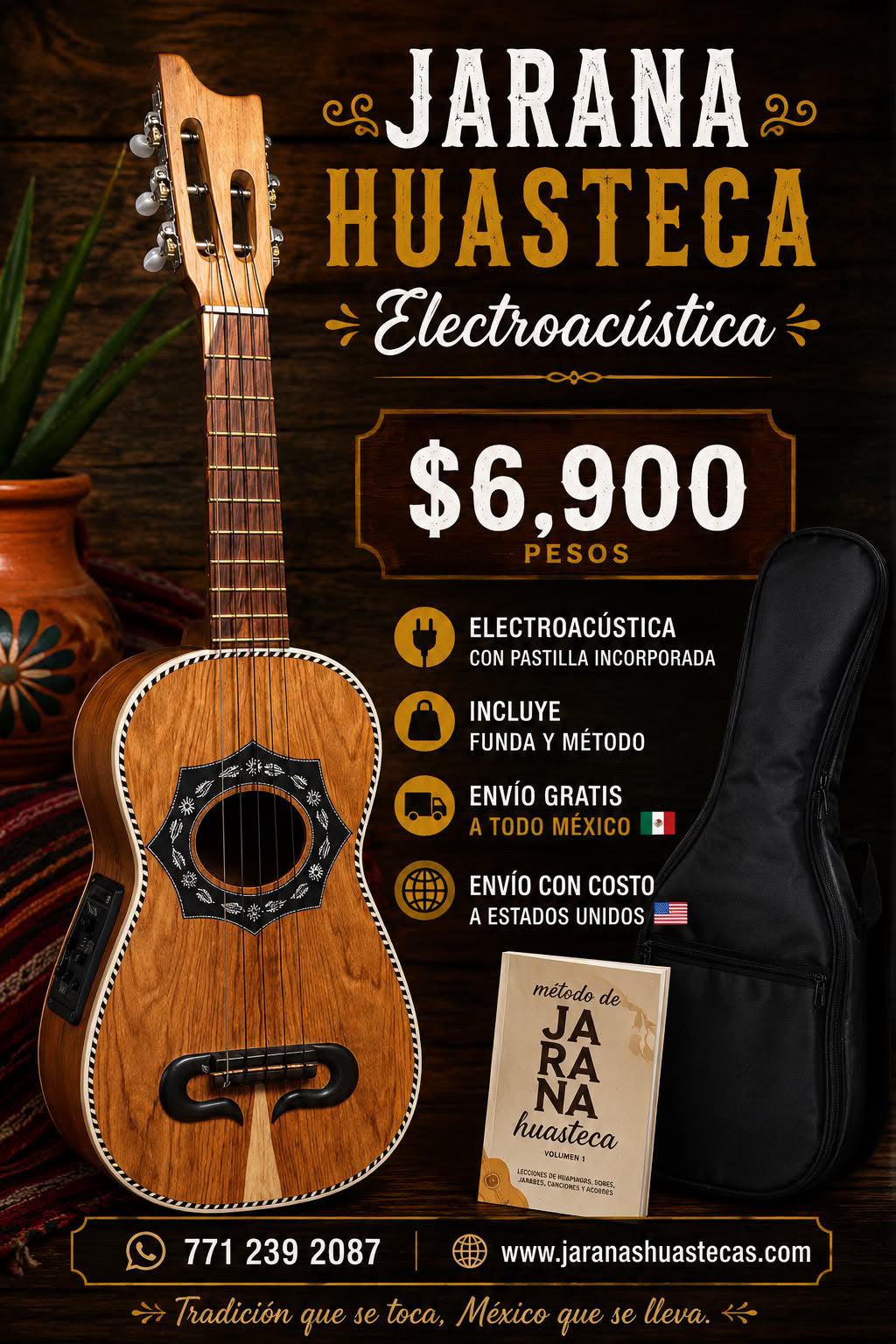 Jarana Huasteca Electroacustica de madera de palo escrito con concha de Abulon con FUNDA Y METODO ( sobre pedido )